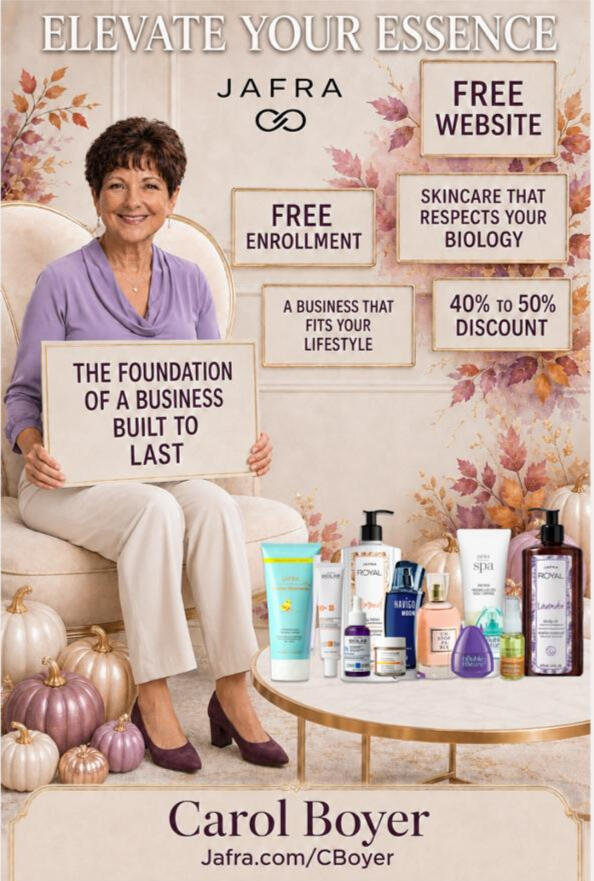 JAFRA Skincare Image talking about sun protection lotions. A photo of Carol wearing a straw sun hat, an open buttoned white shirt, sitting at a table with 4 sun protection lotions in front of her. Text in image "Enjoy Every Sunny Moment with Confidence Broad Spectrum S
